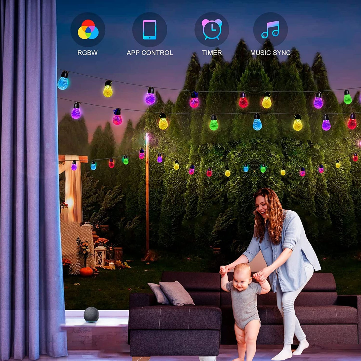 String Lights 49ft for Outside GARIBOSH Outdoor Waterproof Shatterproof, Patio Lights String APP and Remote Control Color Changing,Balcony, Garden Party