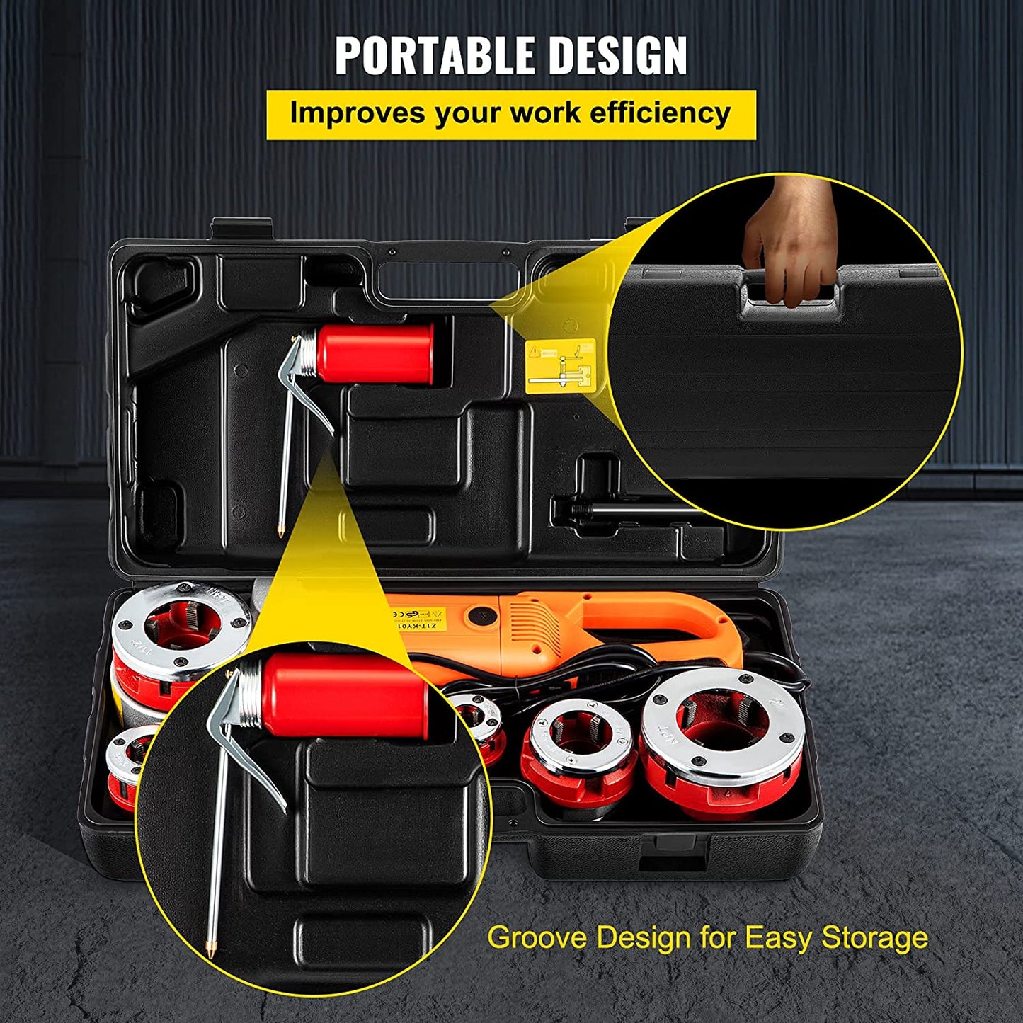 Electric Pipe Threader, 2300W Pipe Threading Machine, Heavy-Duty Hand-Held Power Drive Kit, 110V Pipe Threader Machine Copper Motor, Portable Pipe Threader with 6 Dies 1/2"-2" and Carrying Case