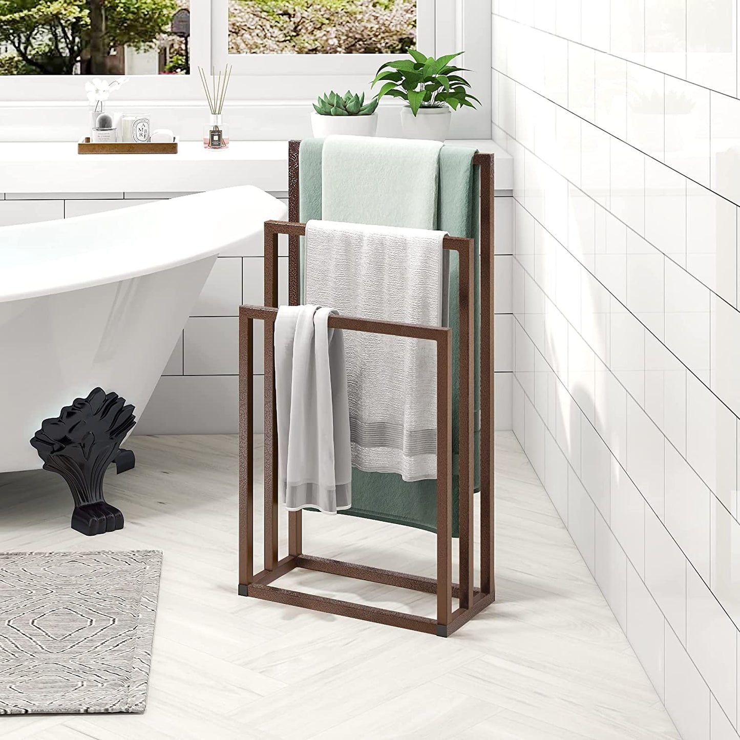 3 Tiers Metal Freestanding Towel Rack Chrome Modern Washcloths Holder Brown Drying Rack, Organizer for Hand Towels Bathroom Storage,Organization Next to Tub or Shower,Bathroom Accessories