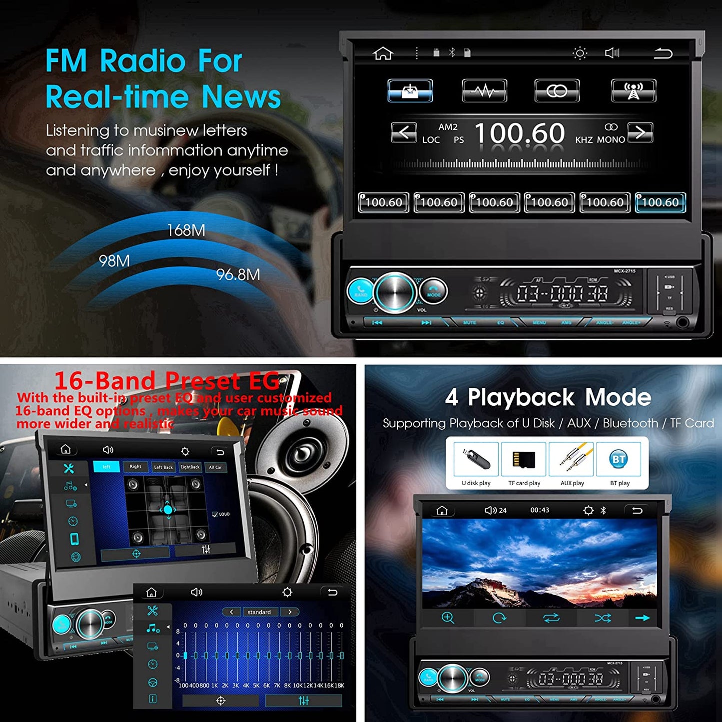 Single Din Car Stereo with Apple Carplay and Android Auto, 7 Inch Bluetooth Flip Out Head Unit with Subwoofer, USB/SD Port, A/V Input, FM Car Radio Receiver, Backup Camera