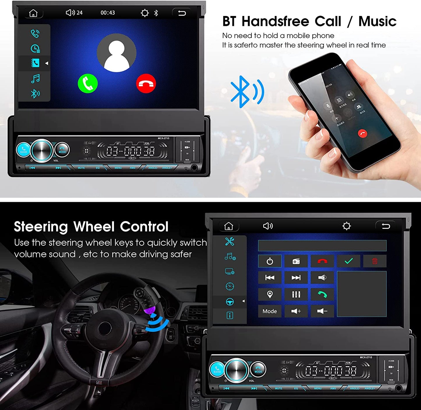 Single Din Car Stereo with Apple Carplay and Android Auto, 7 Inch Bluetooth Flip Out Head Unit with Subwoofer, USB/SD Port, A/V Input, FM Car Radio Receiver, Backup Camera