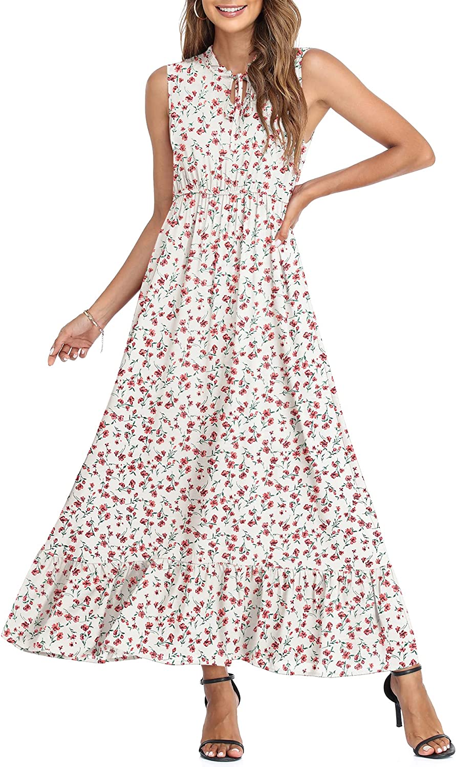 Women's Sleeveless Summer Tie Neck High Waist Casual Boho Dress Floral Print Ruffle Hem Long Beach Maxi Dresses