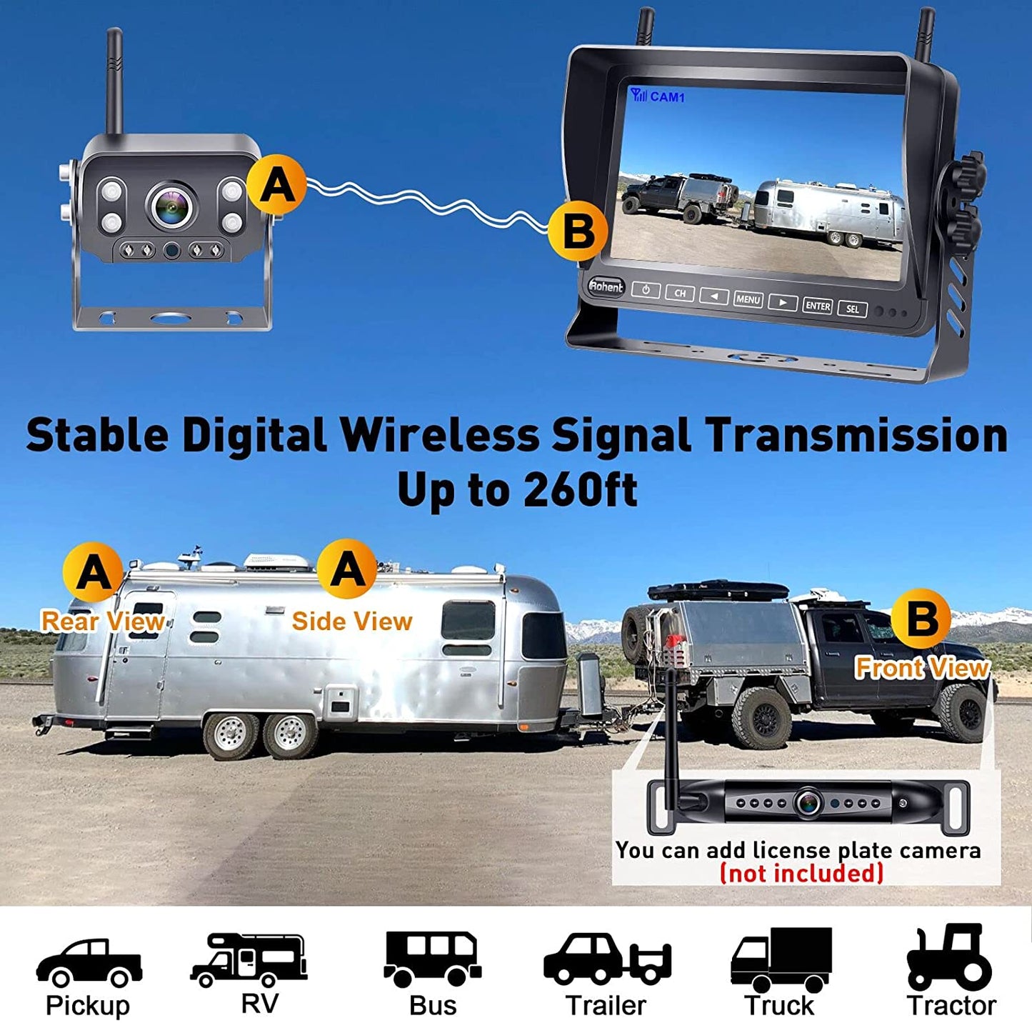 RV Backup Camera Wireless HD 1080P 7'' Touch Key DVR Monitor Rear View System Infrared Night Vision Waterproof for Truck Trailer Camper 4 Channels Adapter for Furrion Pre-Wired RVs Rohent R9