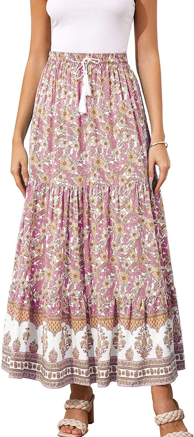 Women's Boho Maxi Skirts Elastic Waist A Line Flowy Tiered Button Split Floral Skirt