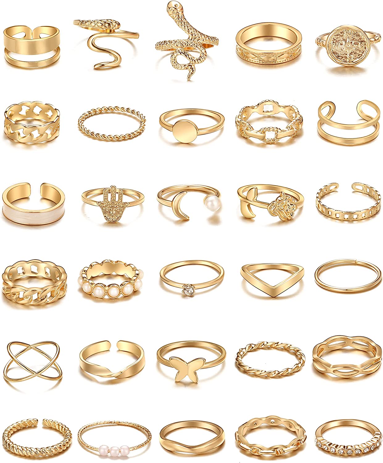 30 Pcs Vintage Gold Knuckle Rings Set, Boho Butterfly Snake Stackable Finger Rings for Women Girls, Silver Midi Rings Pack