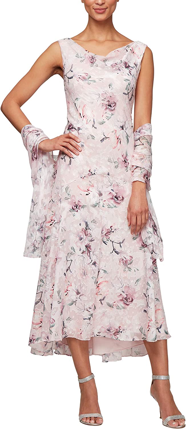 Evenings Women's Tea Length Printed Chiffon Dress with Shawl