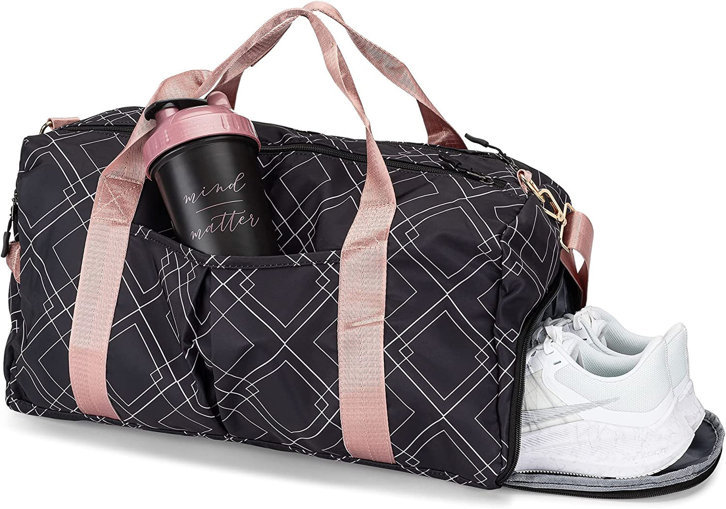 Bag for Women with Shoe Compartment and Wet Pocket | Lightweight Gym Duffle with Motivational Quote and Graphic Designs | Great for Working Out, Travel, and Overnights | Black/Rose - Diamond
