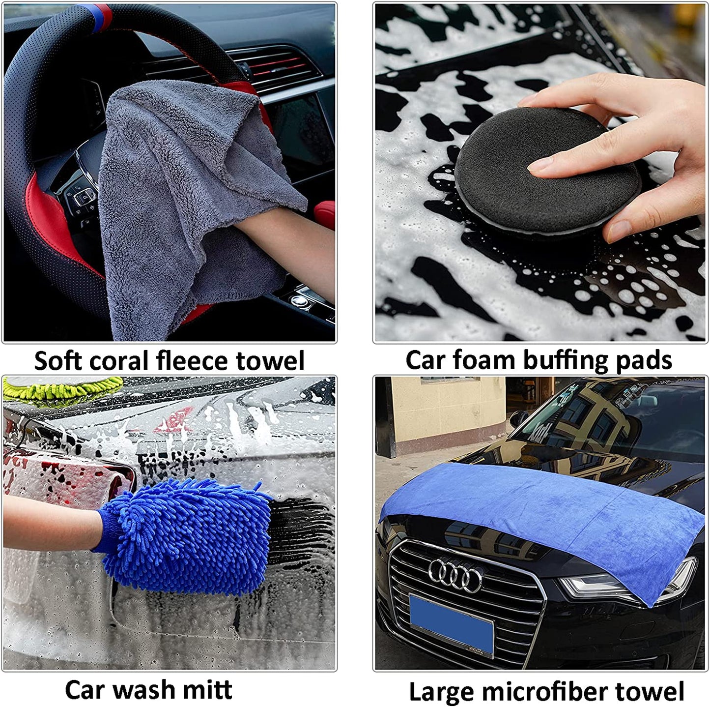 15pcs Car Cleaning Kit, Car Wash Brush Mop with 43" Long Handle, Chenille Microfiber Mitt, Extendable Long Pole Window Water Scraper for Interior and Exterior Car Detailing Kit