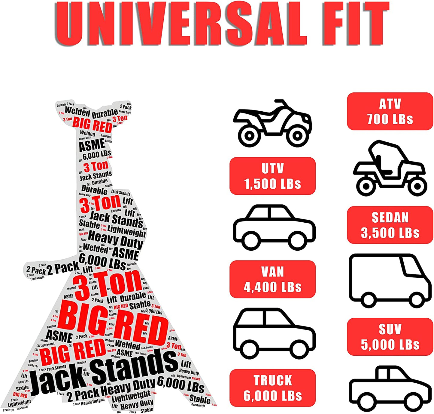 T43202 Torin Steel Jack Stands: 3 Ton (6,000 lb) Capacity, Red, 1 Pair