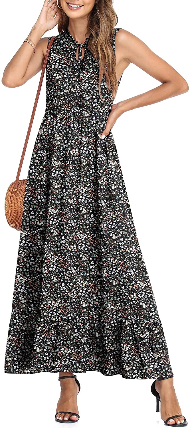 Women's Sleeveless Summer Tie Neck High Waist Casual Boho Dress Floral Print Ruffle Hem Long Beach Maxi Dresses