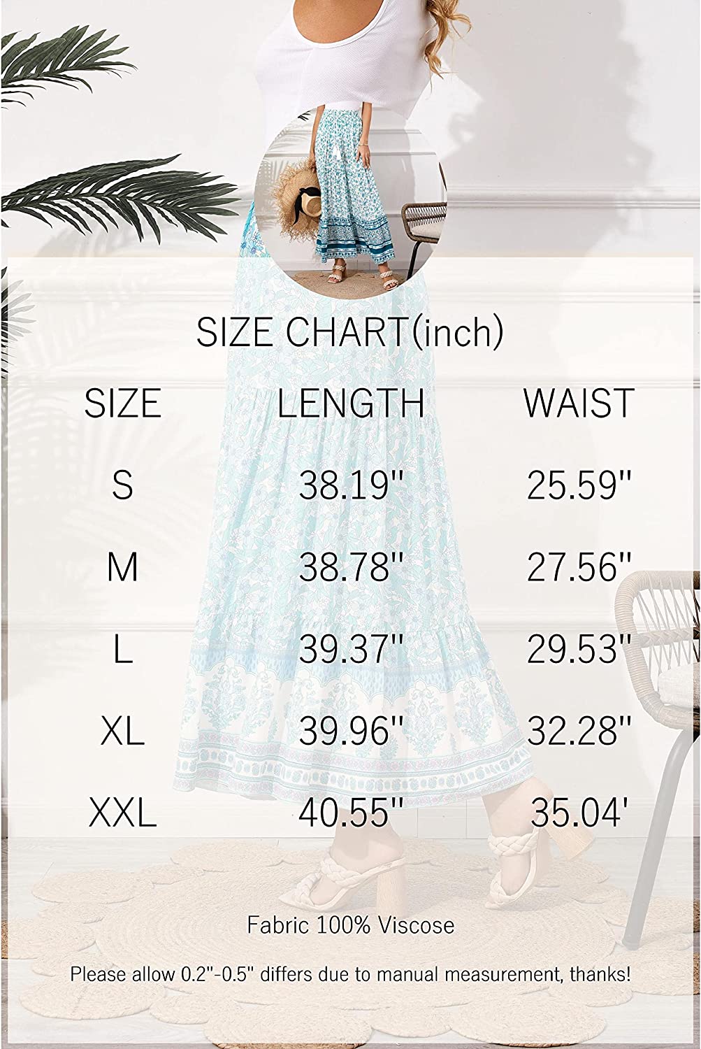 Women's Boho Maxi Skirts Elastic Waist A Line Flowy Tiered Button Split Floral Skirt