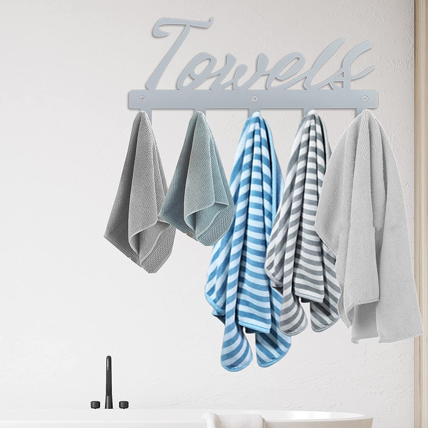 Bath Towel Rack for Wall Hooks -Organize and Easy to Install Towel Holder - Modern Bathroom Decor Storage for Robe Hand Towel Wash Clothes (Silver Grey)