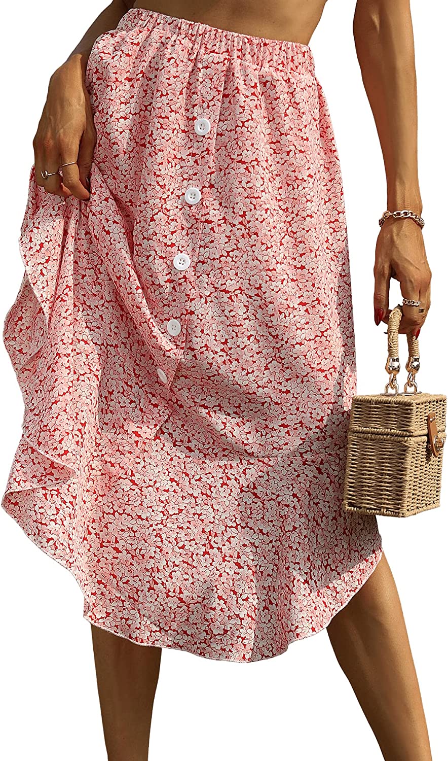 Women's Floral Print Button Front Ruffle Hem High Waist A Line Midi Skirts