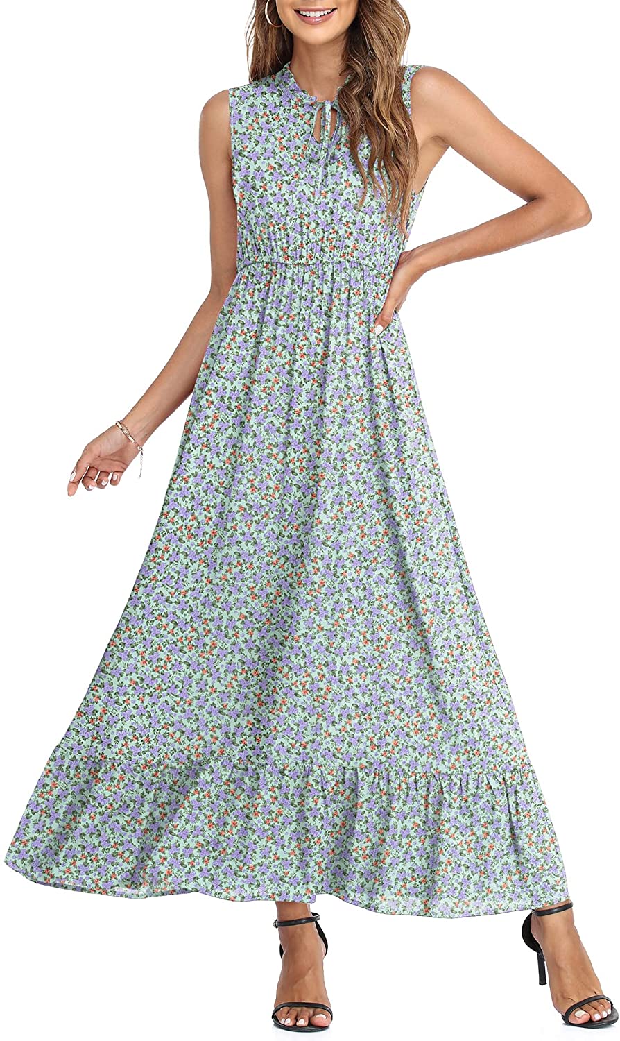 Women's Sleeveless Summer Tie Neck High Waist Casual Boho Dress Floral Print Ruffle Hem Long Beach Maxi Dresses