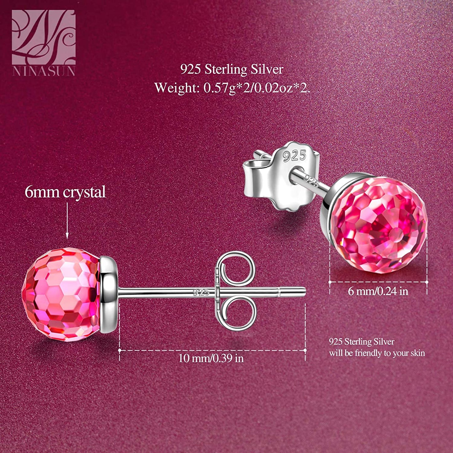 "Fantastic World" Crystal Earrings for Women Girls, 925 Sterling Silver Stud Earrings, Hypoallergenic Earrings for Sensitive Ears, 6MM