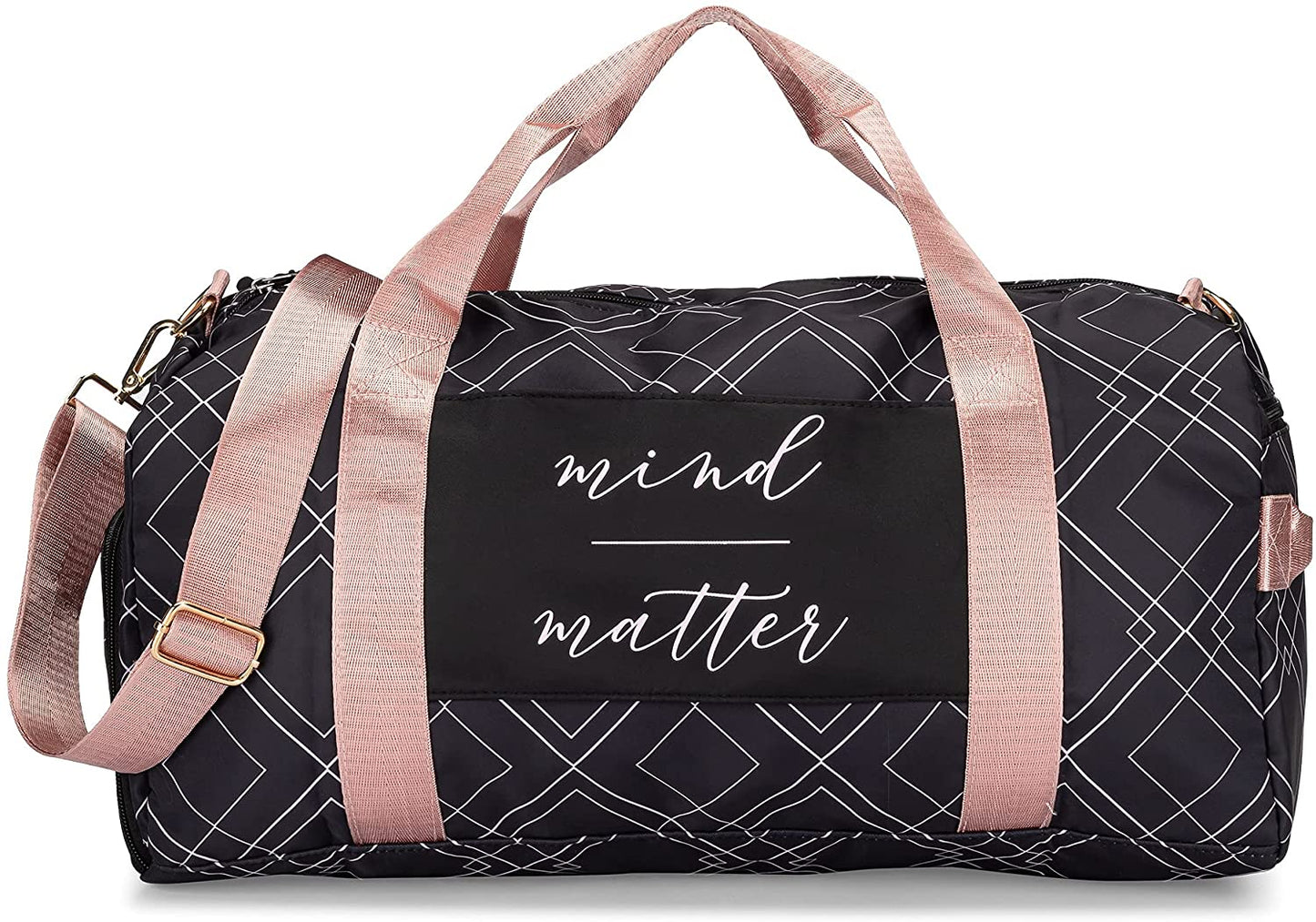 Bag for Women with Shoe Compartment and Wet Pocket | Lightweight Gym Duffle with Motivational Quote and Graphic Designs | Great for Working Out, Travel, and Overnights | Black/Rose - Diamond