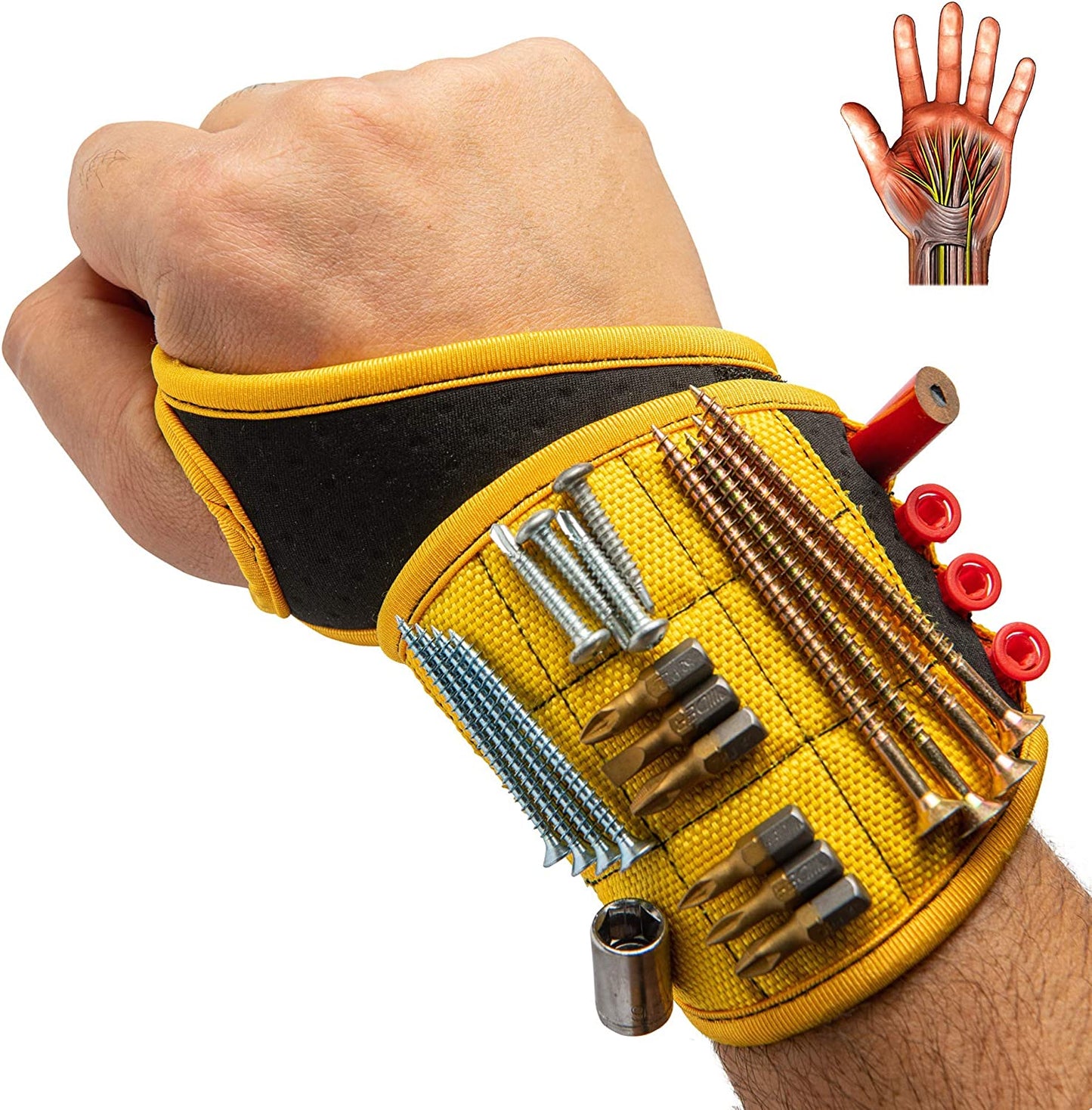 Magnetic Wristband With Super Strong Magnets Holds Screws, Nails, Drill Bit. Unique Wrist Support Design Cool Handy Gadget Gift for Fathers, Boyfriends, Handyman, Electrician, Contractor