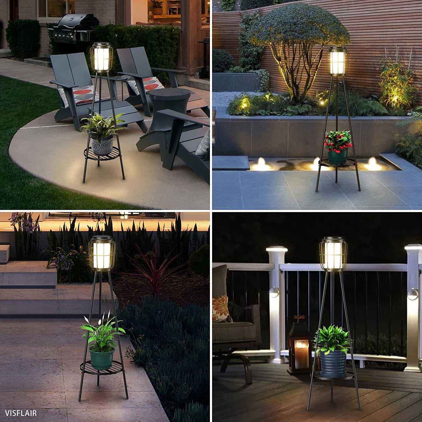 Metal Solar Floor Lamps Outdoor with Plant Stand, 2 Pack Waterproof Solar Lantern Lights for Patio Deck Yard Garden Porch (Black)
