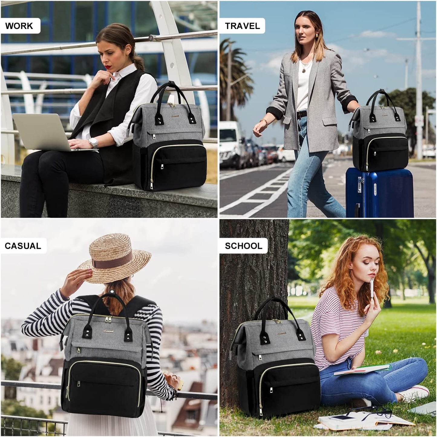 Laptop Backpack Purse for Woman, 17 Inch Computer Business Backpacks Stylish School Bookbag, Teacher Doctor Nurse Bags for Work, Casual Daypack Backpack with USB Port,Grey-Black
