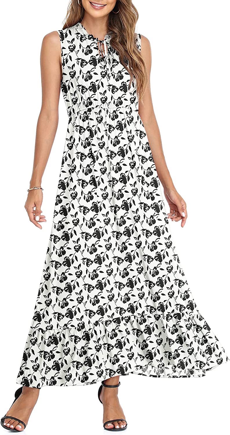 Women's Sleeveless Summer Tie Neck High Waist Casual Boho Dress Floral Print Ruffle Hem Long Beach Maxi Dresses
