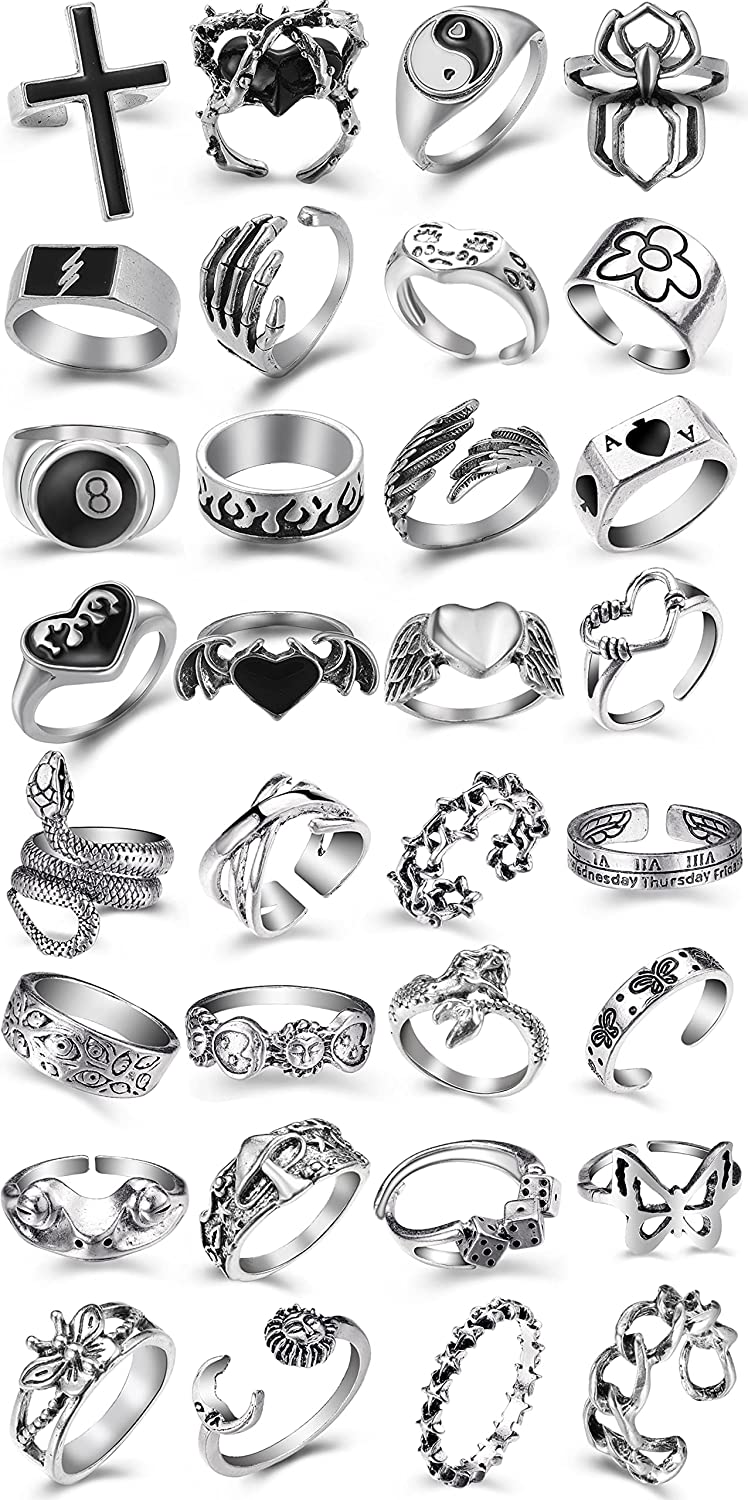 Vintage Silver Open Punk Rings for Men Women, 24PCS Adjustable Rings, Alt Rings, Chunky Silver Rings, Bulky Rings, Hippie Rings ,Cool Gothic Ring,Statement Stacking Ring, Skull Snake Star Flower Heart Eboy Emo Y2K Ring