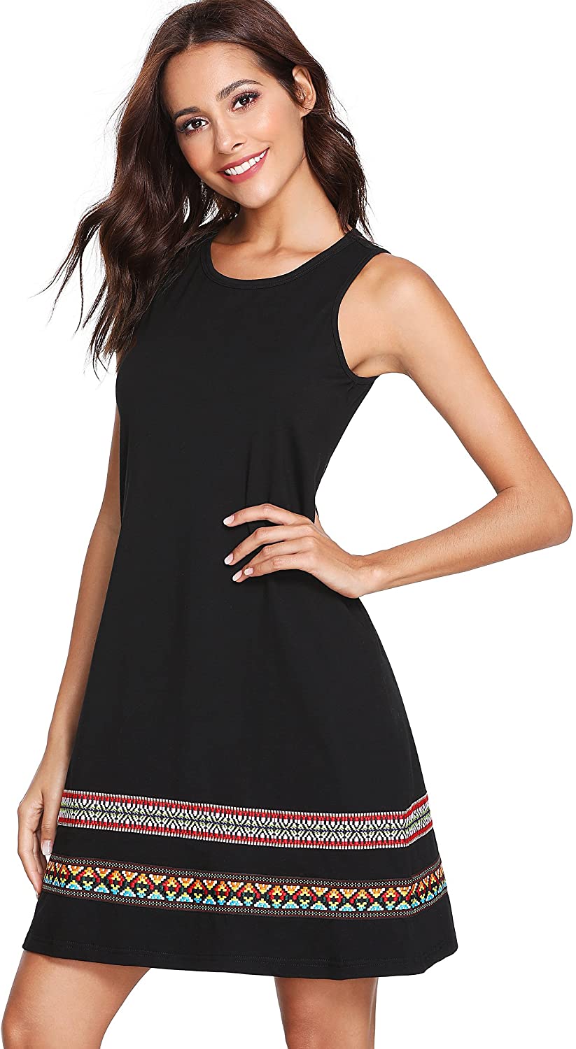 Women's Summer Boho Sleeveless Embroidered Hem Loose Casual Tank Dress