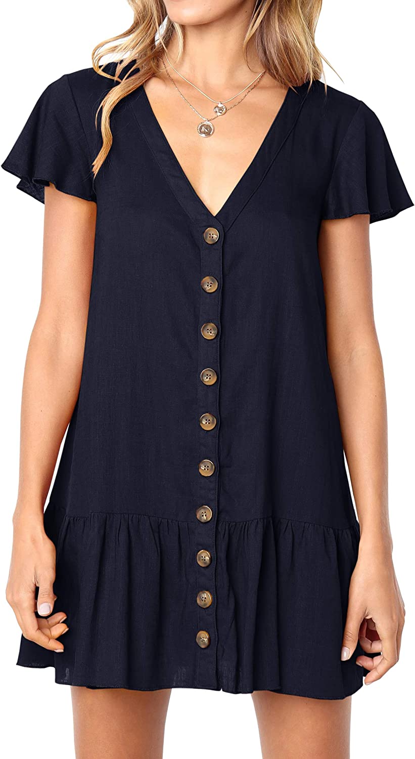 Womens Polka Dot V Neck Button Down Ruffles Loose Mini Short T-Shirt Dress