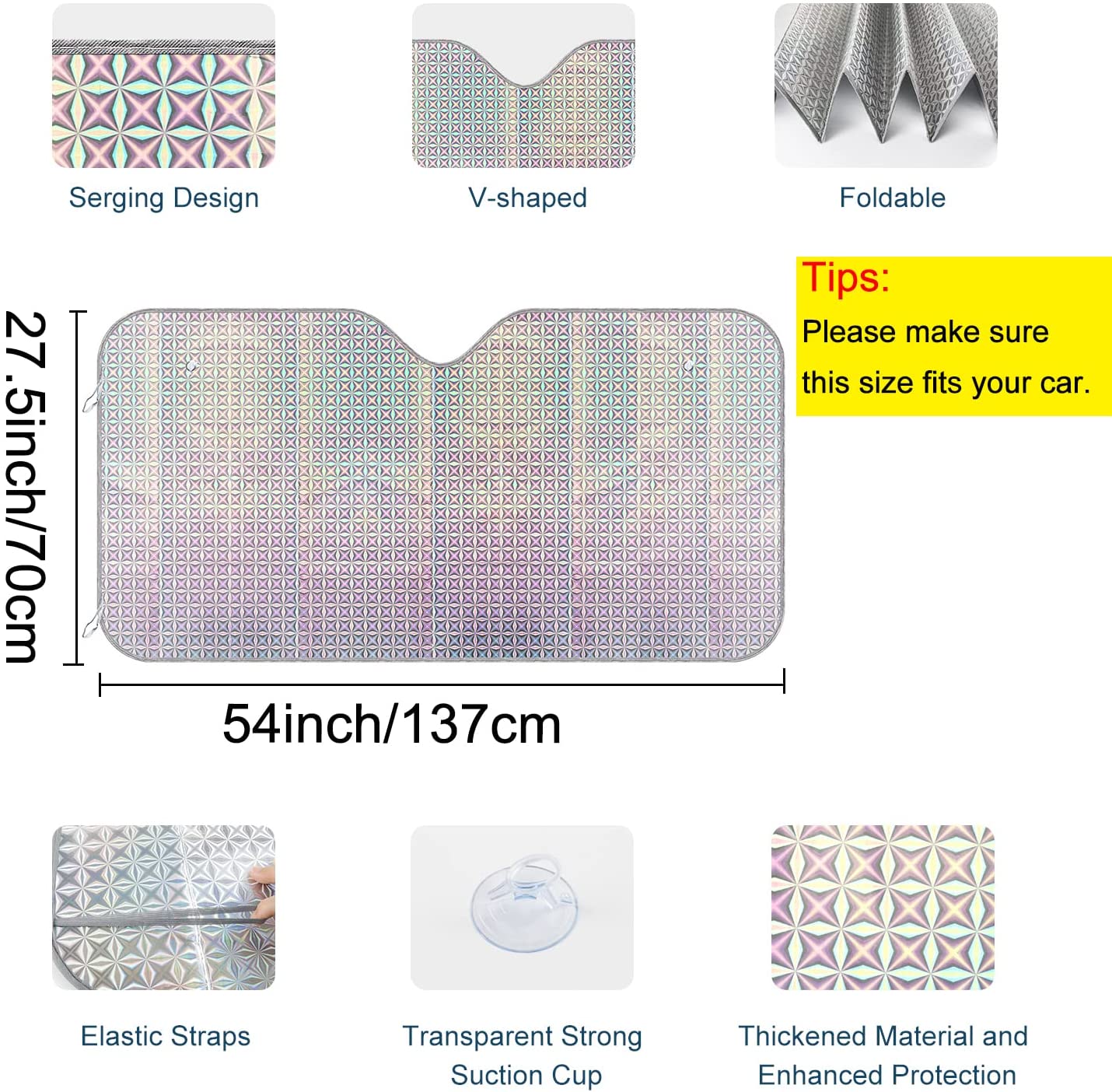 Car Windshield Sunshade, Accordion Foldable Front Windshield Sun Shade 5-Layer UV Protection Auto Sun Visor Cover Iridescent Bling Diamond Pattern Heat Reflector (54 x 27.5 Inch)