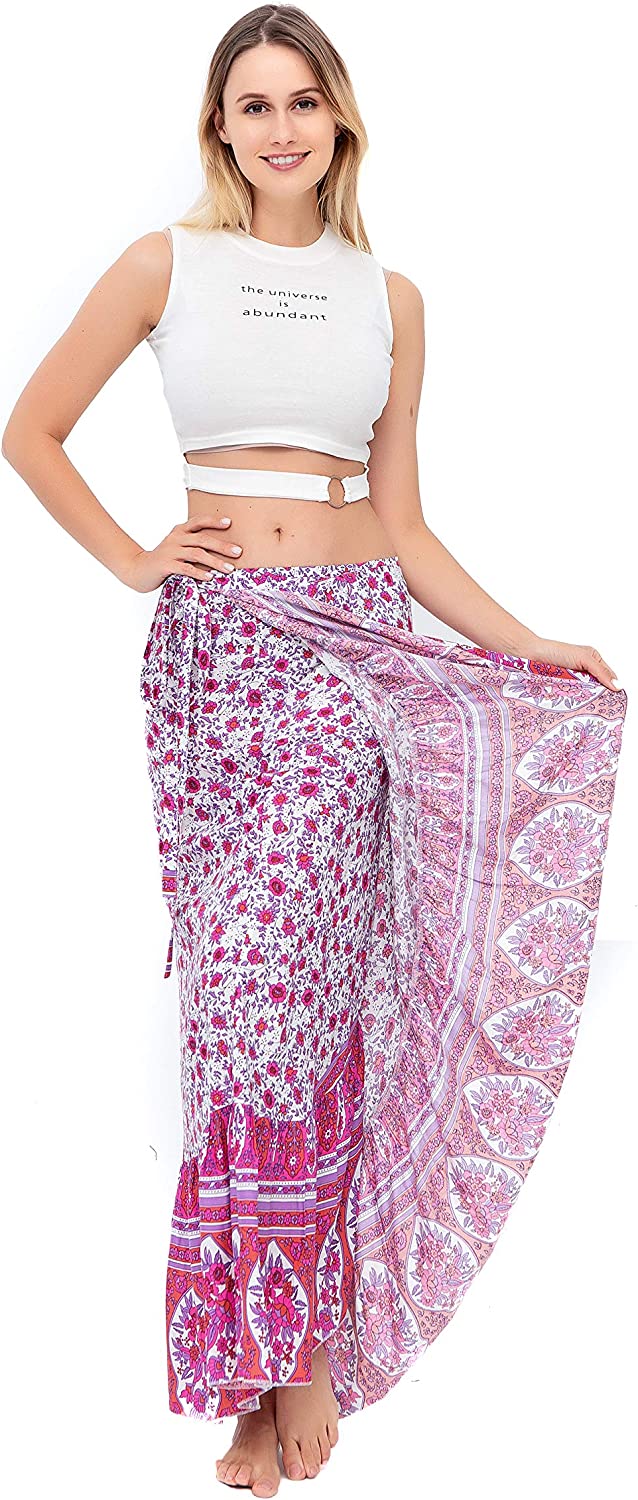 ForeMode Women Boho Print High Waist Side Wrap Bohemian Asymmetric Hem Maxi Long Skirt One Size