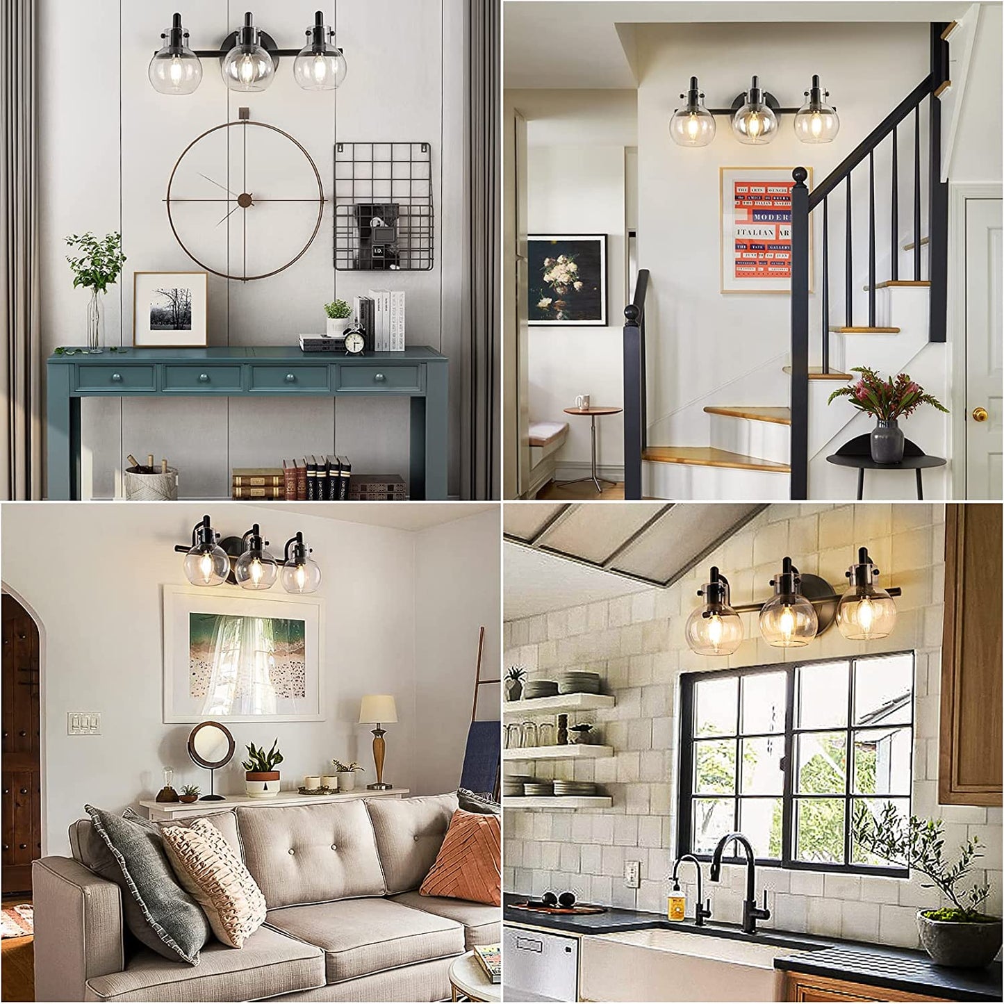 Vanity Light Fixtures, Modern 3 Lights Wall Sconce Lighting Matte Black, Farmhouse Metal Wall Lamp with Globe Glass Shade, Porch Wall Mount Light Fixture for Mirror Cabinets Hallway Stairs