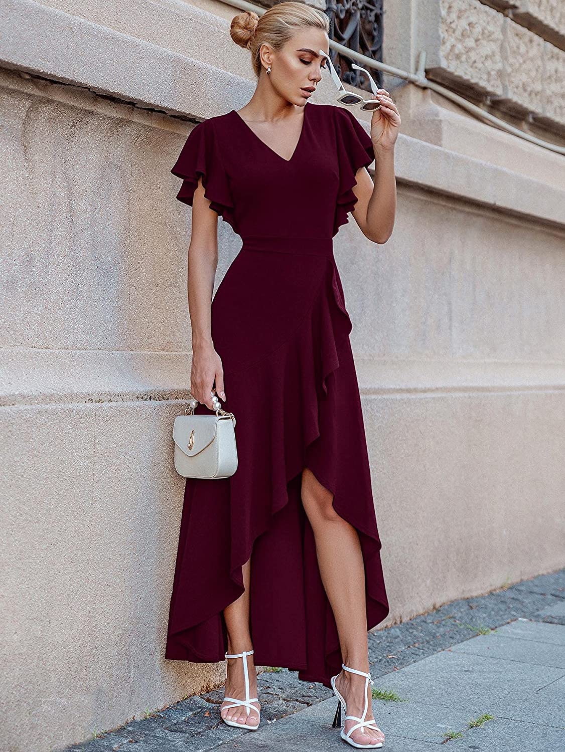 Women's Formal V Neck Ruffle Split Evening Party Long Dress