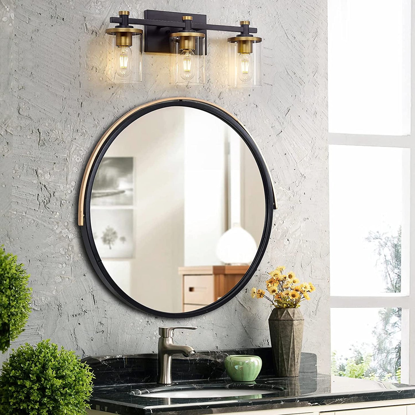 3 Light Bathroom Vanity Light Fixtures, Modern Black and Gold Vanity Lights Over Mirror, Vintage Wall Sconce with Clear Glass Shade, Brushed Gold Vanity Lights for Bathroom