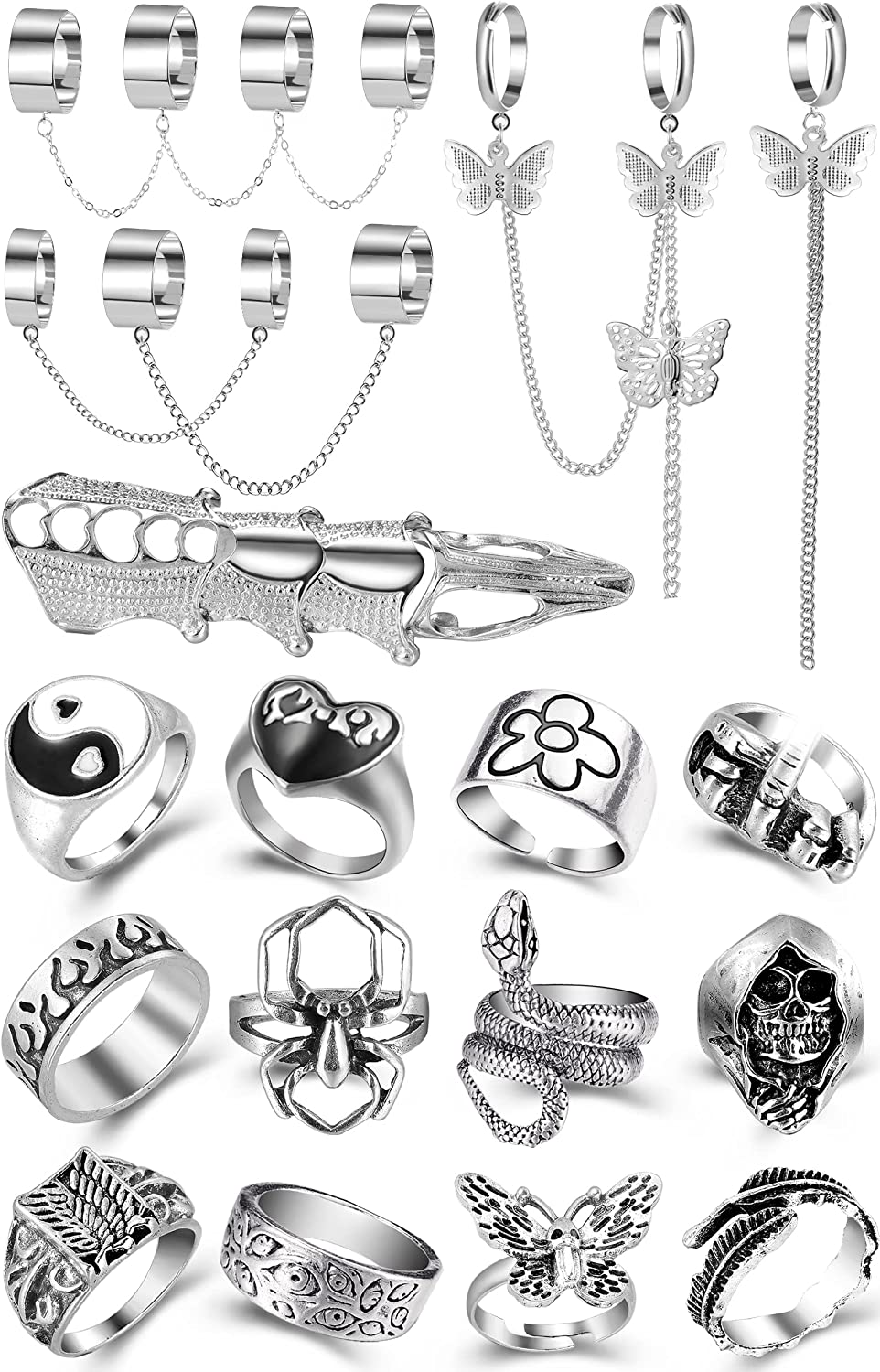 Vintage Silver Open Punk Rings for Men Women, 24PCS Adjustable Rings, Alt Rings, Chunky Silver Rings, Bulky Rings, Hippie Rings ,Cool Gothic Ring,Statement Stacking Ring, Skull Snake Star Flower Heart Eboy Emo Y2K Ring