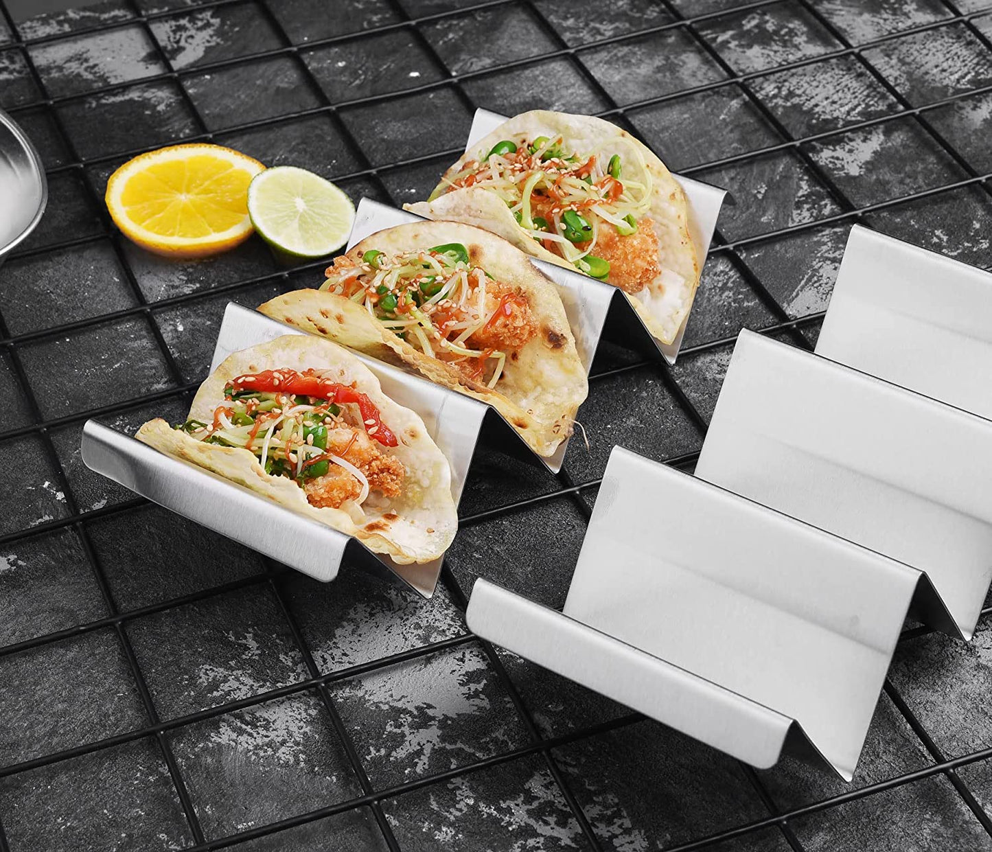 Taco Holders 4 Packs - Stainless Steel Taco Stand Rack Tray Style by ARTTHOME, Oven Safe for Baking, Dishwasher and Grill Safe
