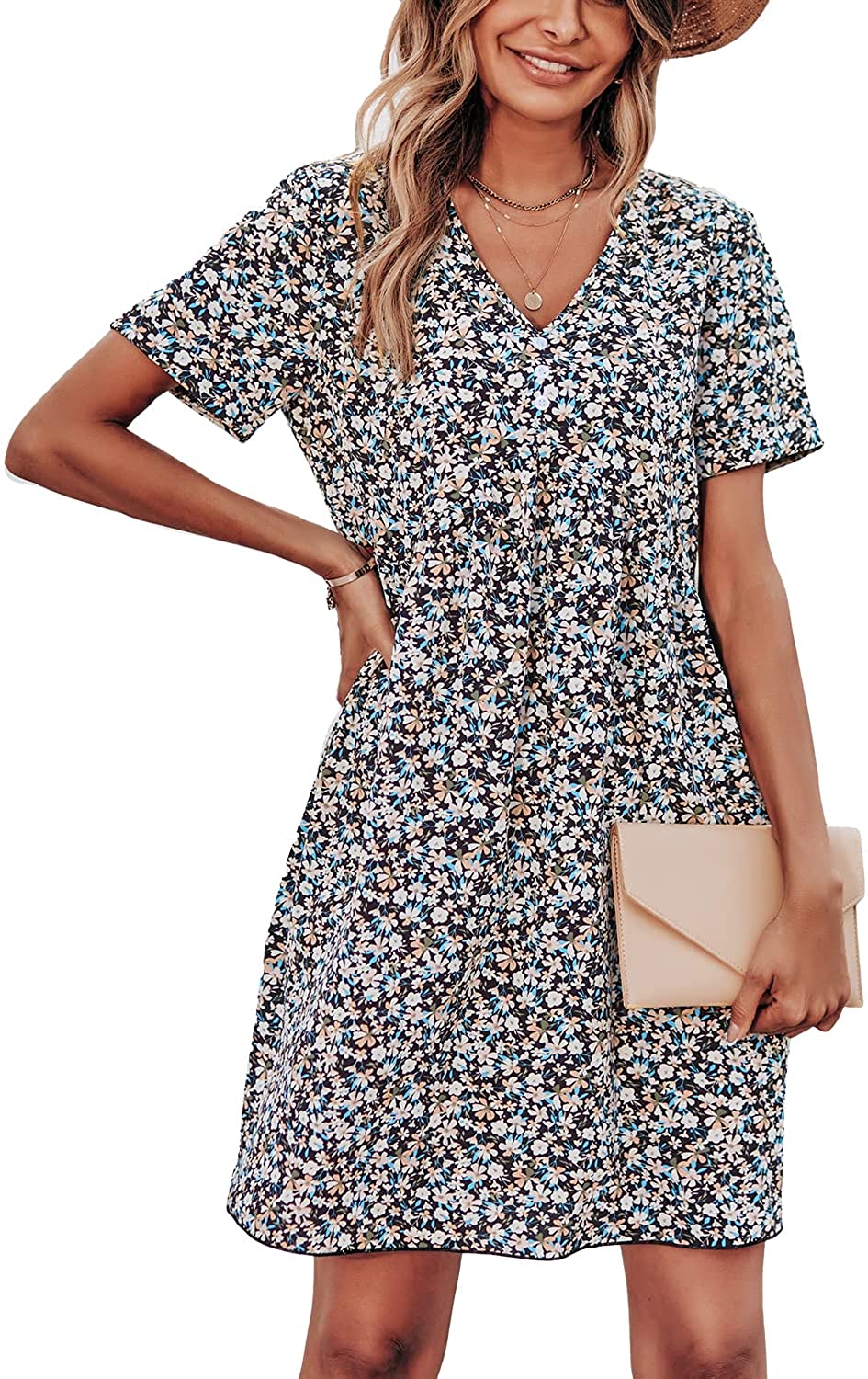 Summer Dress for Women Short Sleeve V Neck Ruffled Floral Swing A-Line Dresses