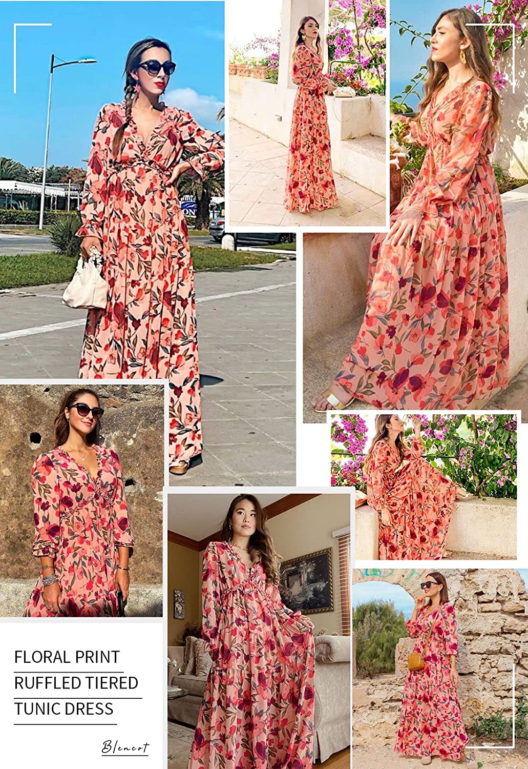 Womens Casual Floral Deep V Neck Long Sleeve Long Evening Dress Cocktail Party Maxi Wedding Dresses