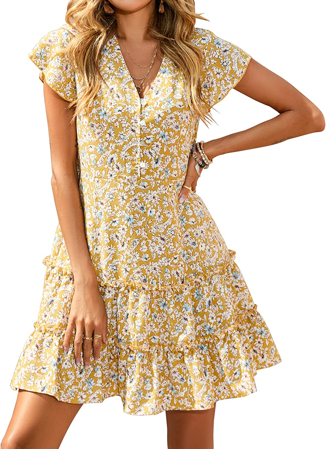 Women’s Summer Hot Short Sleeve V-Neck High Waist Floral Print Mini Boho Sun Dress with Button