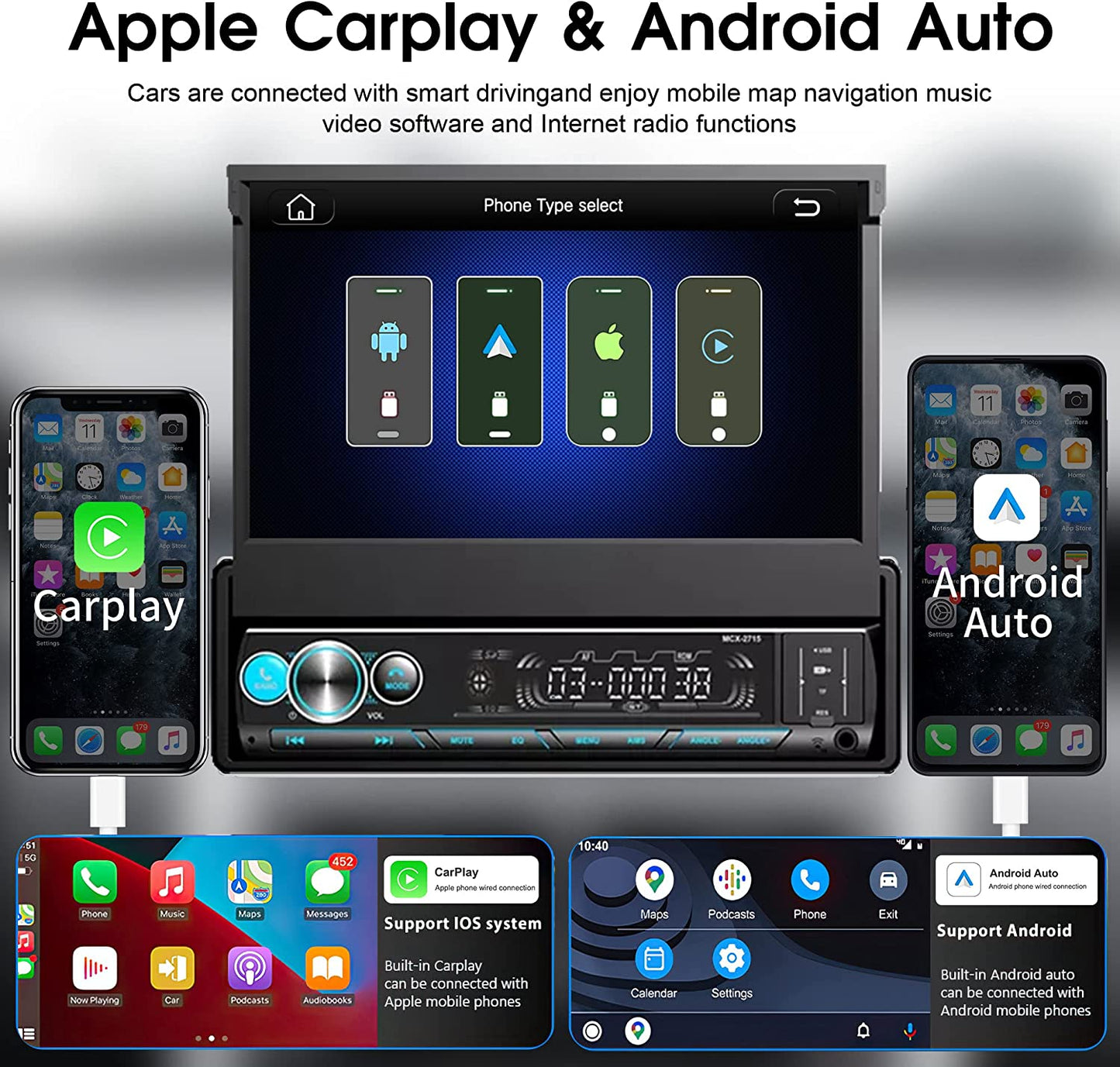 Single Din Car Stereo with Apple Carplay and Android Auto, 7 Inch Bluetooth Flip Out Head Unit with Subwoofer, USB/SD Port, A/V Input, FM Car Radio Receiver, Backup Camera