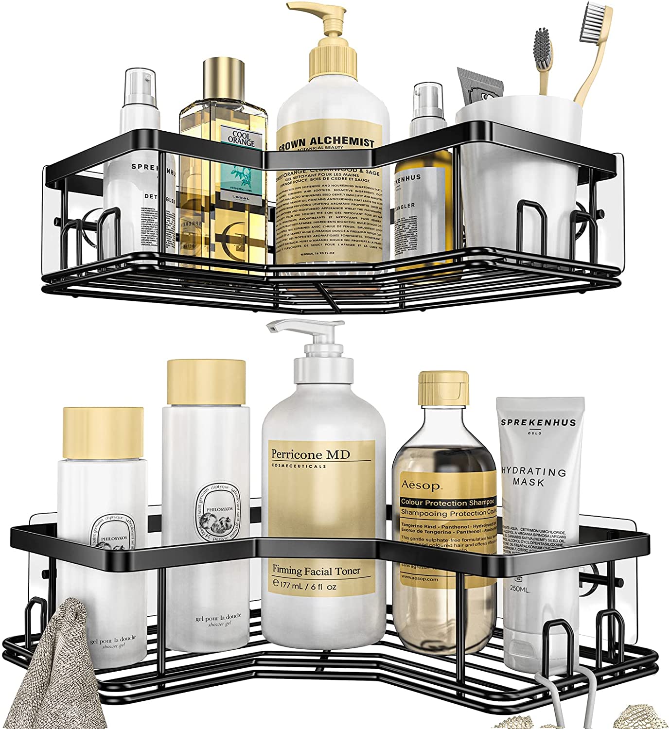 Corner Shower Caddy, Shower Organizer Corner Shower Shelf with 8 hooks,2-Pack Adhesive Stainless Steel MAXIFFE Shower Shelves for Bathroom Storage (Matte Black)