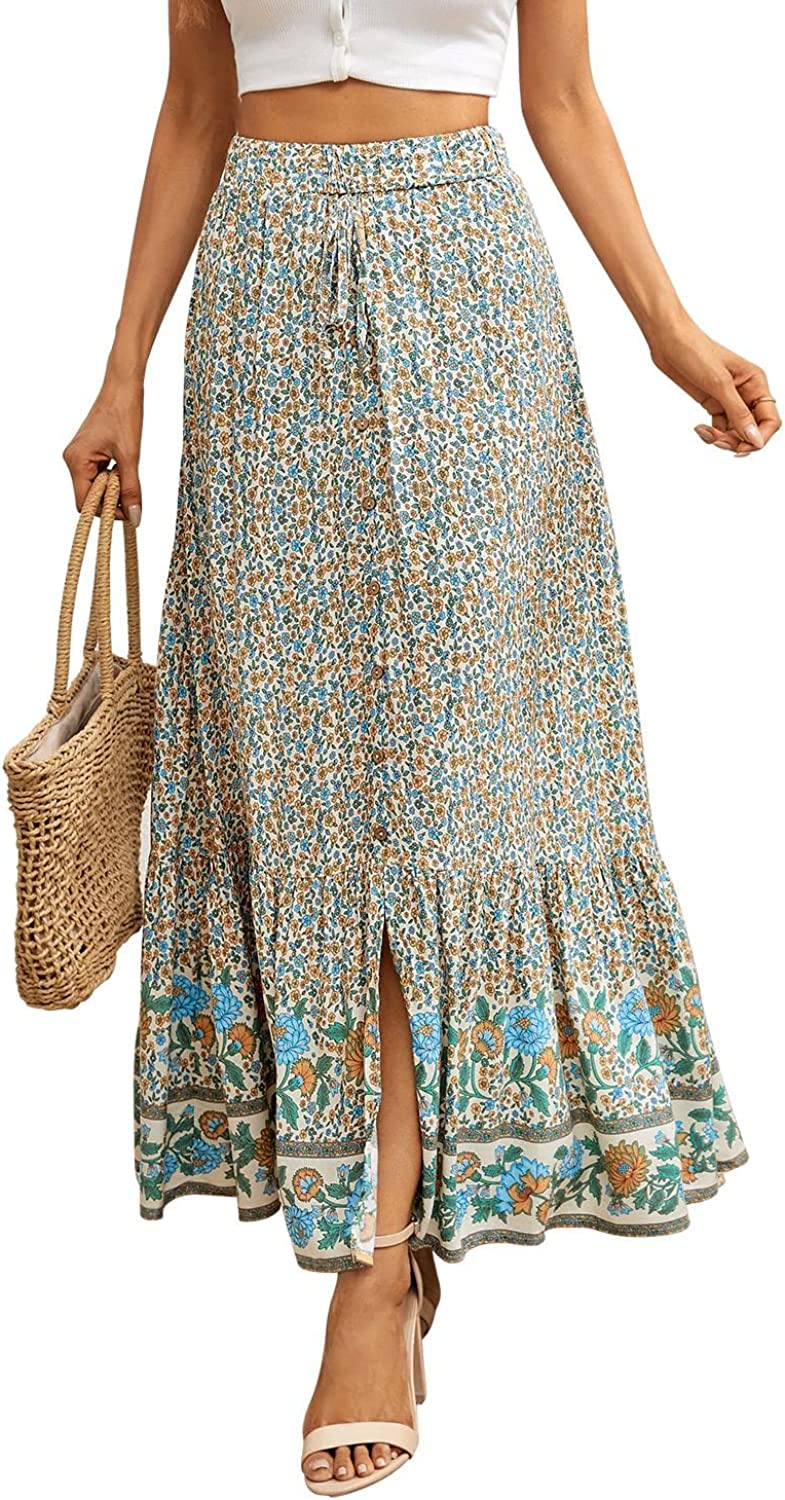 Women's Boho Maxi Skirts Elastic Waist A Line Flowy Tiered Button Split Floral Skirt