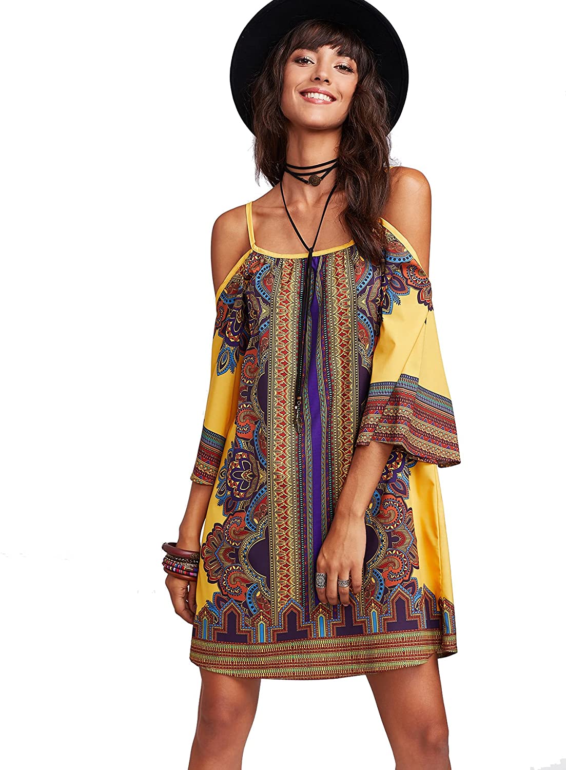 Women's Vintage Print Kimono Sleeve Geometric Tunic Boho Dress