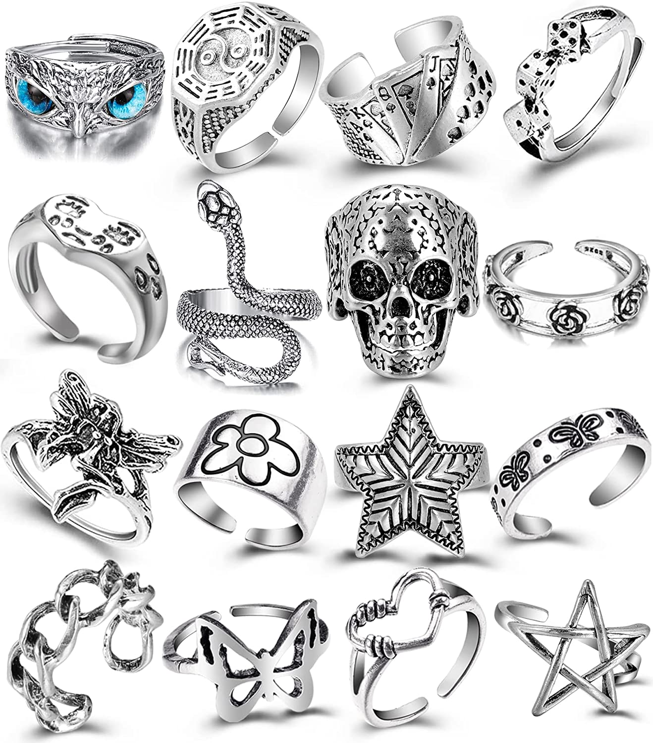 Vintage Silver Chain Punk Finger Rings for Men Women Girls,Cool Gothic Hip Pop Adjustable Full Four Open Rings,Statement Stackable Rings Set,Skull Snake Butterfly Flower Heart Eboy Emo Y2K Ring Set
