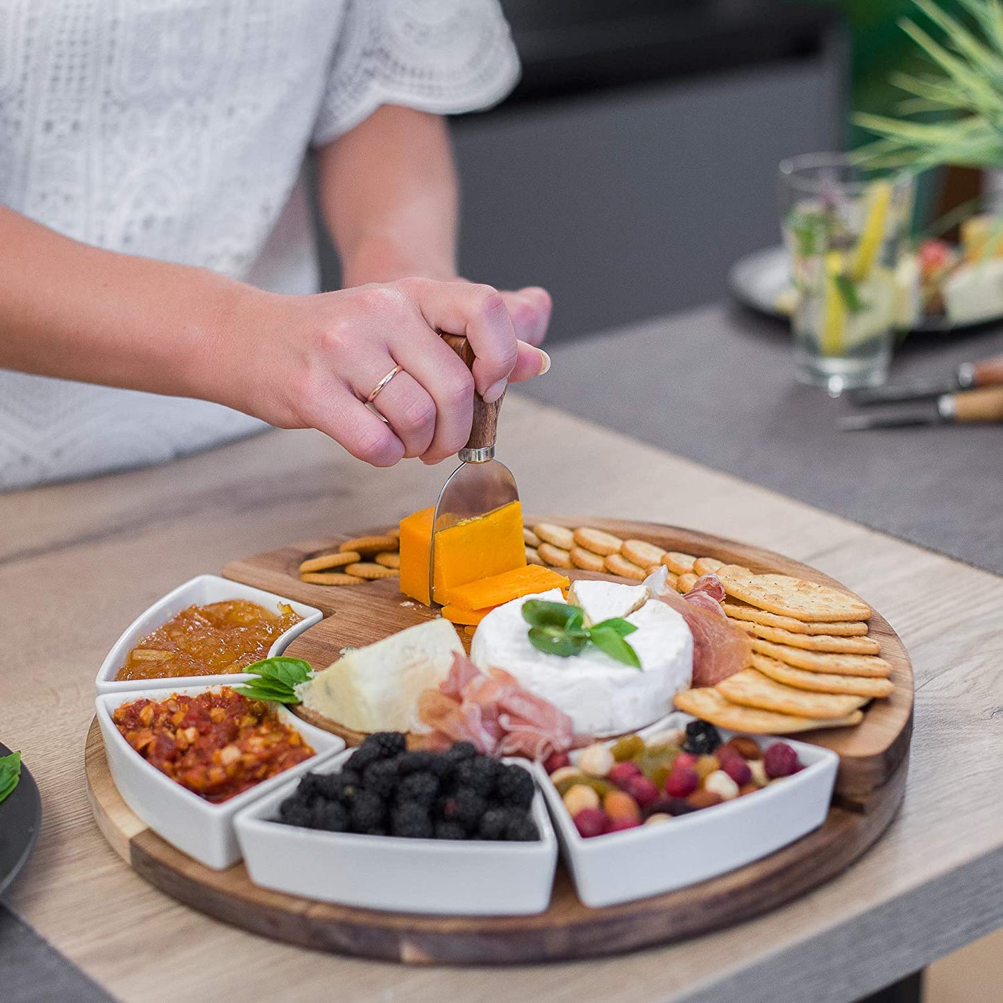 Cheese Board Set - Charcuterie Board Set and Cheese Serving Platter. US Patented 13 inch Meat/Cheese Cutting Board and Knife Set for Entertaining and Serving - 4 Knives and 4 Bowls Server Plate