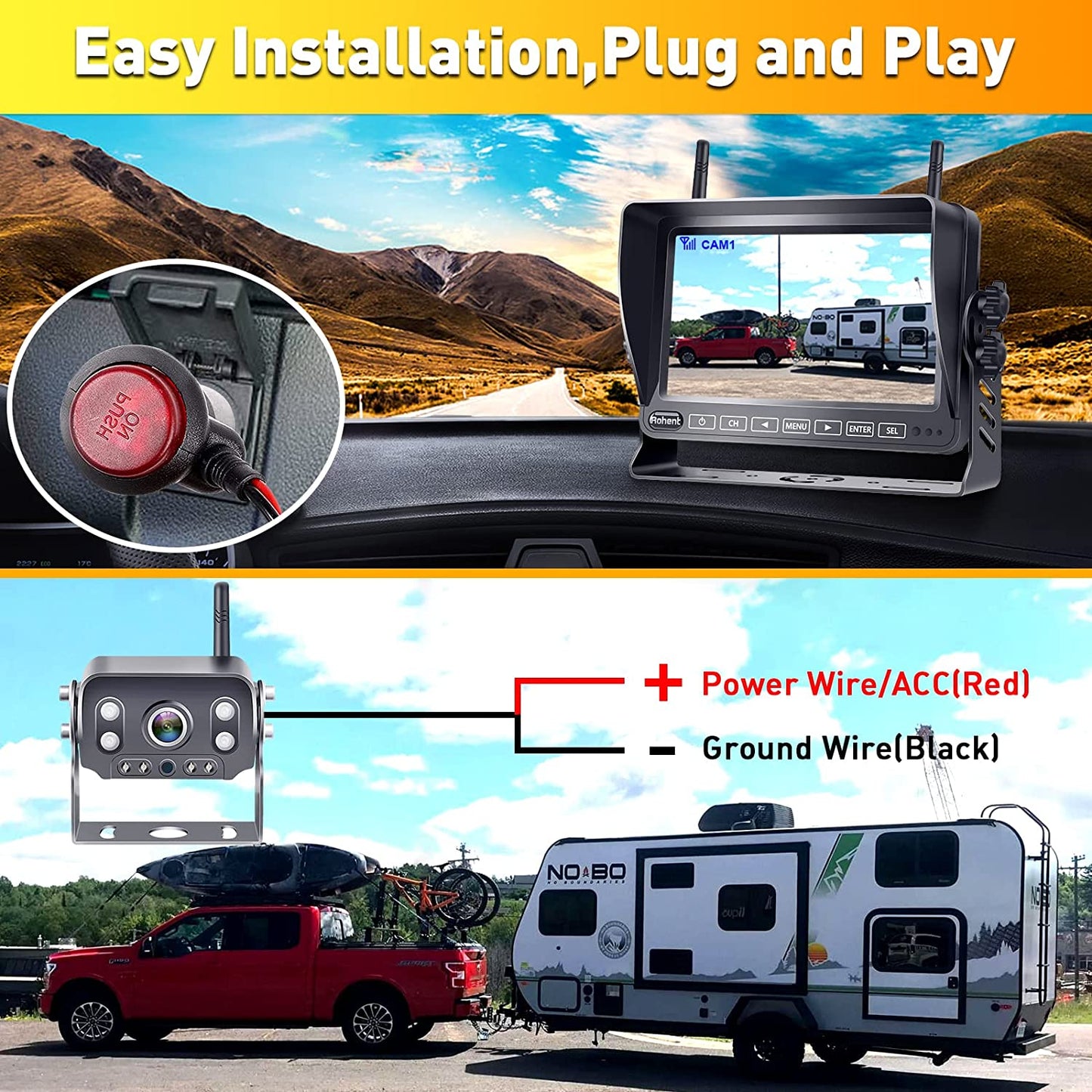 RV Backup Camera Wireless HD 1080P 7'' Touch Key DVR Monitor Rear View System Infrared Night Vision Waterproof for Truck Trailer Camper 4 Channels Adapter for Furrion Pre-Wired RVs Rohent R9