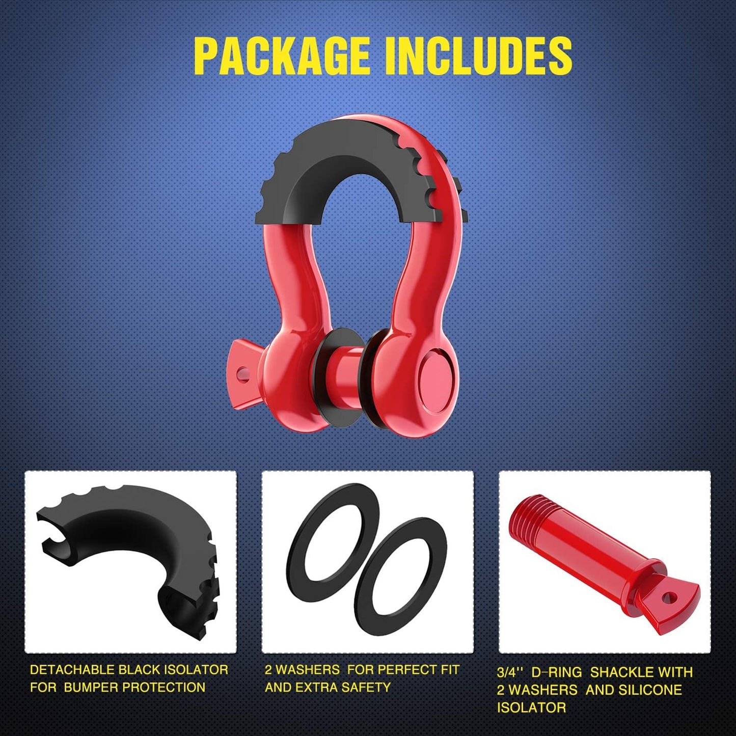 2 Pack 3/4" D-Ring Shackle 4.75 Ton (9500 Lbs) Capacity with 7/8" Pin Heavy Duty Off Road Recovery Shackle with Isolators & Washer Kit for Jeep Truck Vehicle, Red (90053B)
