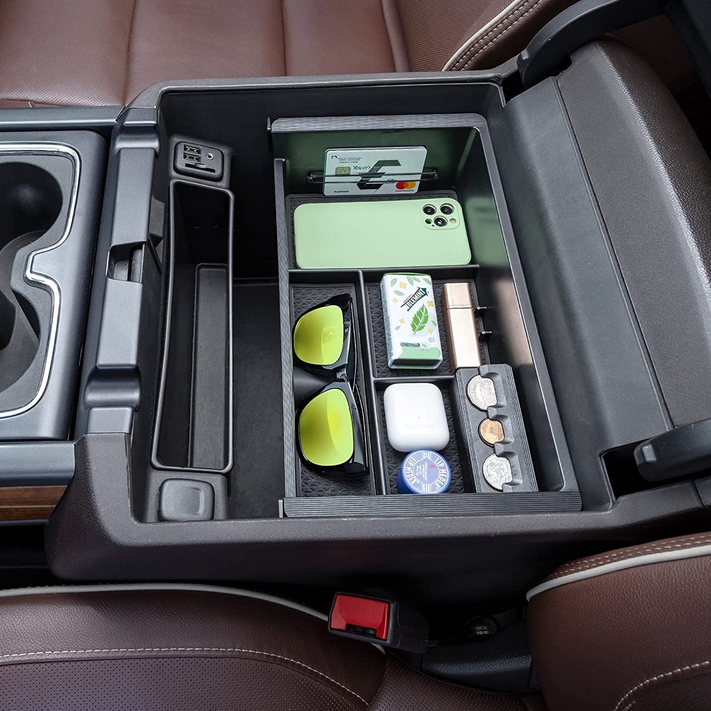 Compatible with Chevy Silverado/GMC Sierra 2014-2018 and Chevy Tahoe Suburban/GMC Yukon 2015-2020 Center Console Organizer Tray Accessories-Full Console w/Bucket Seats ONLY - (Black Trim)