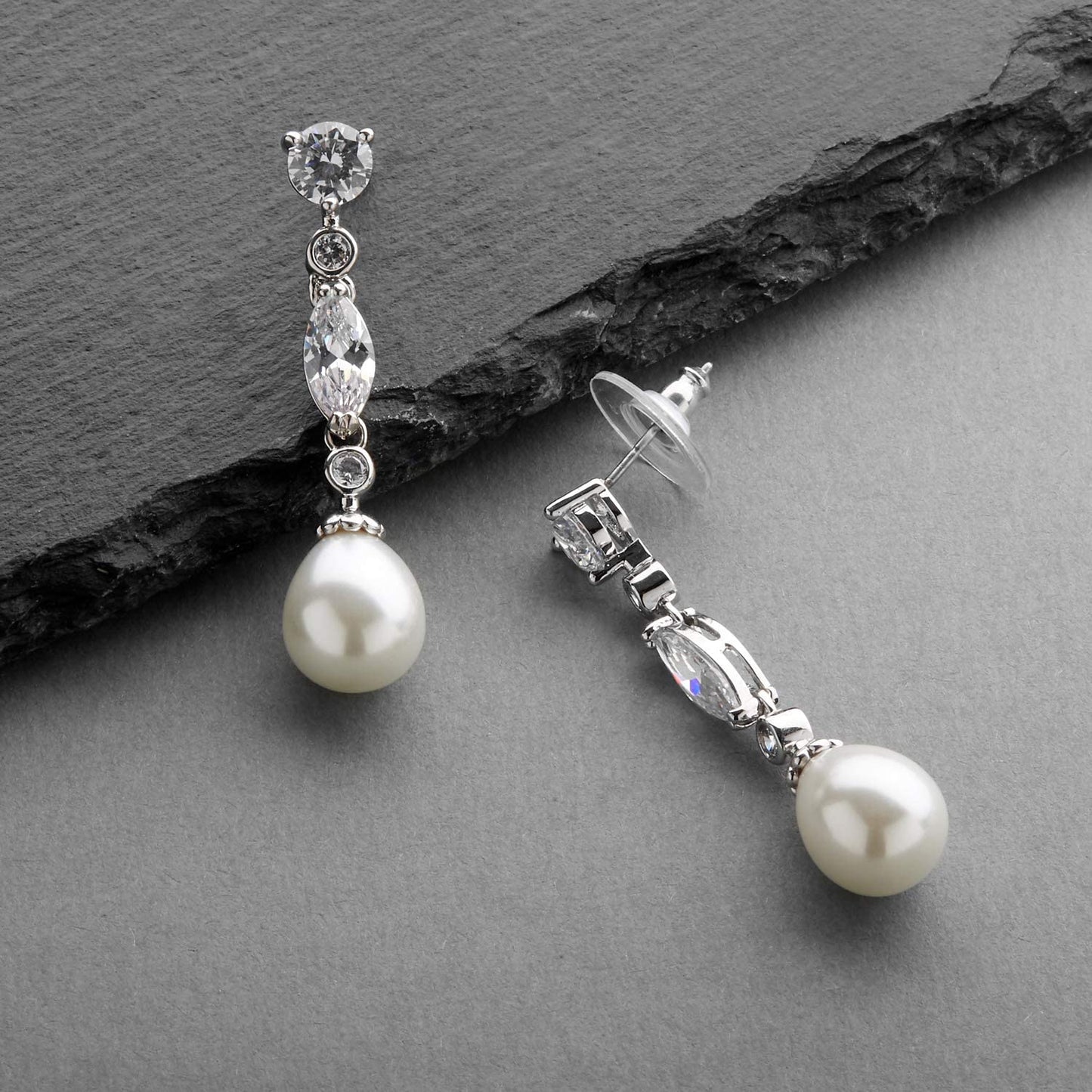 Mariell Linear Cubic Zirconia and Bold Pearl Teardrop Wedding Earrings for Brides - Platinum Plated