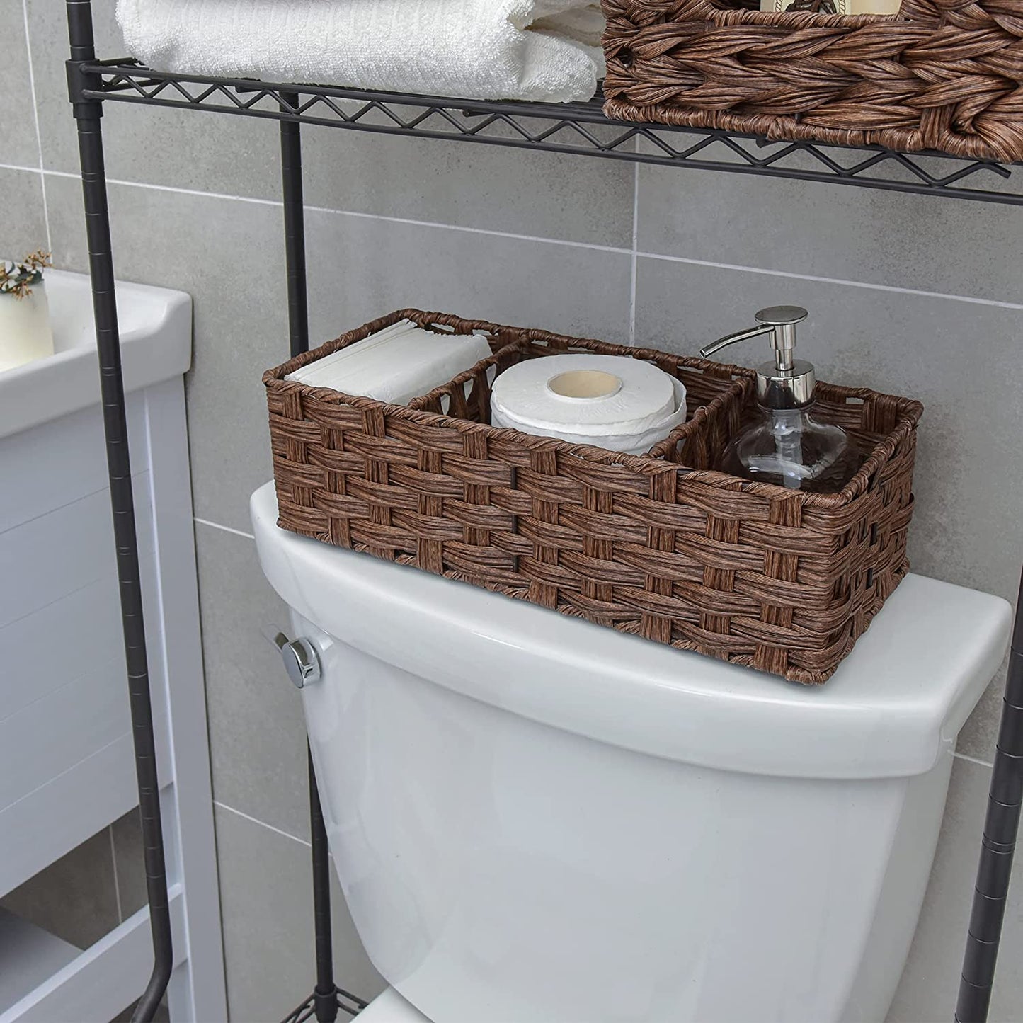 Bathroom Baskets for Organizing, Toilet Storage Basket Waterproof, Wicker Tank Basket with 2 Dividers, Brown, 2-Pack