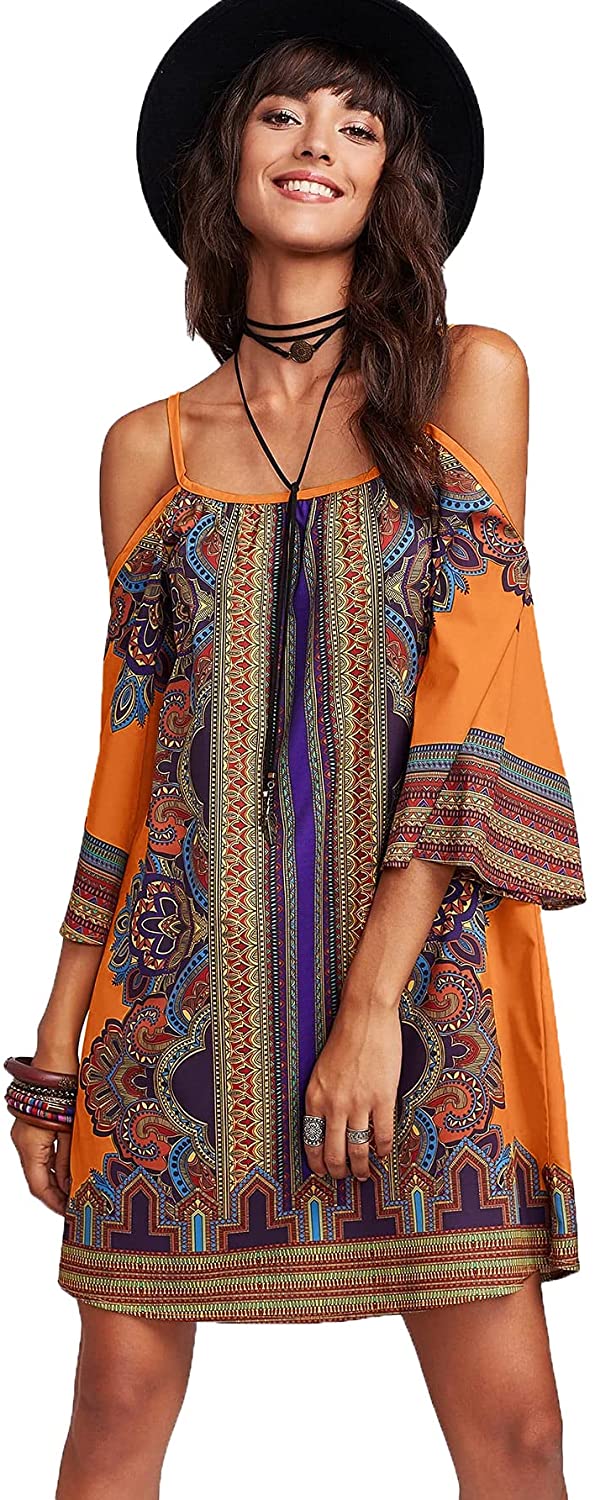 Women's Vintage Print Kimono Sleeve Geometric Tunic Boho Dress