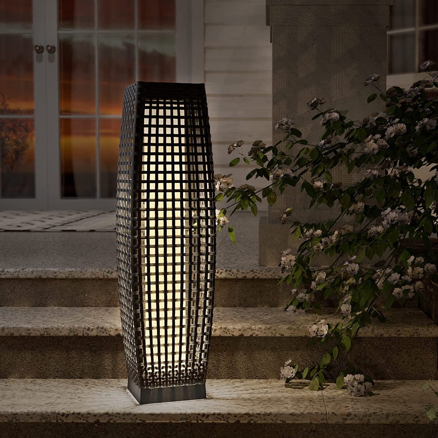 Grand patio Outdoor Solar-Powered Resin Wicker Light, Backyard Decoration, Floor Lamp, Garden and Deck (Black-Large Crossover )